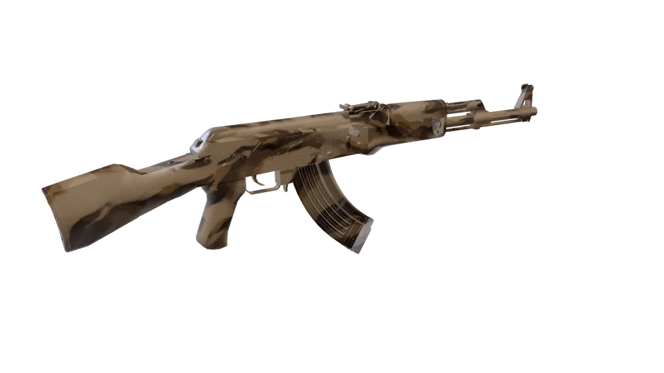 Dune Sea camo on an AK-47, rear three-quarter view