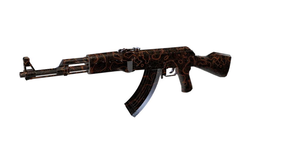Fire Topo camo on an AK-47, front three-quarter view