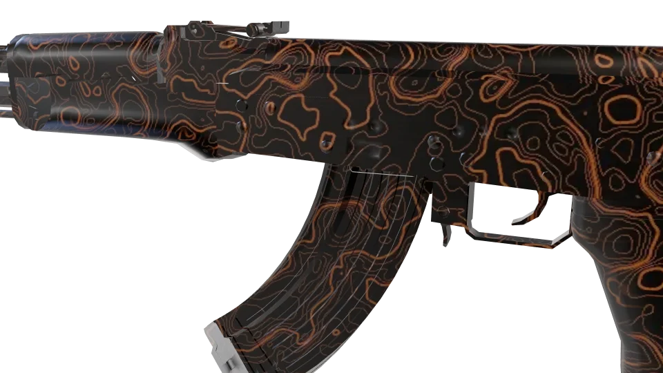Fire Topo camo on an AK-47, close-up of the receiver and magazine