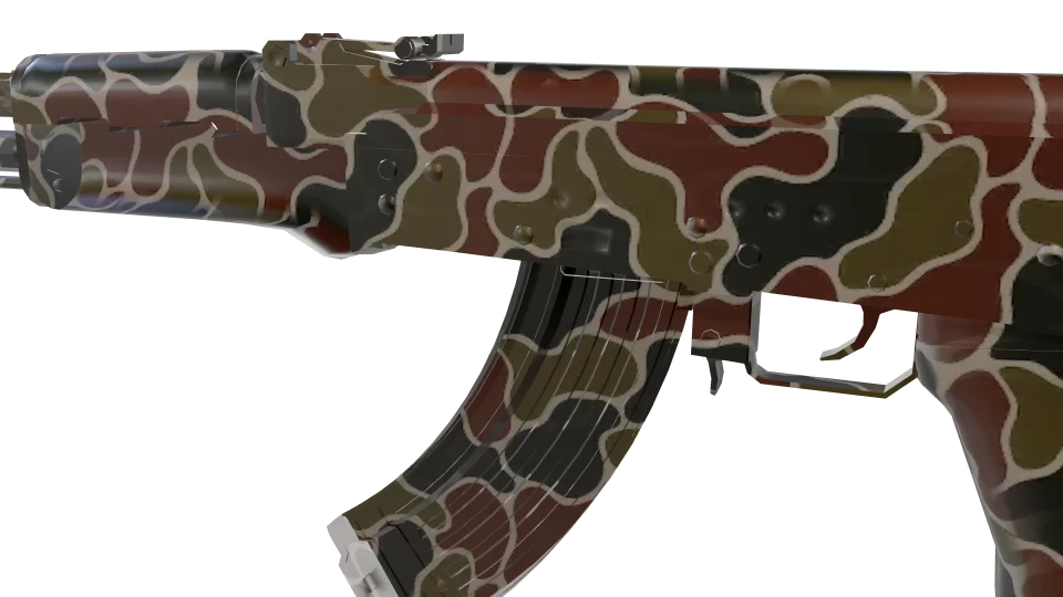 Foxtrail camo on an AK-47, close-up of the receiver and magazine