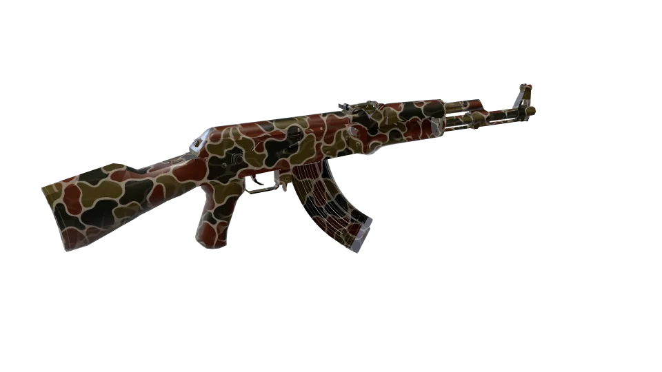 Foxtrail camo on an AK-47, rear three-quarter view