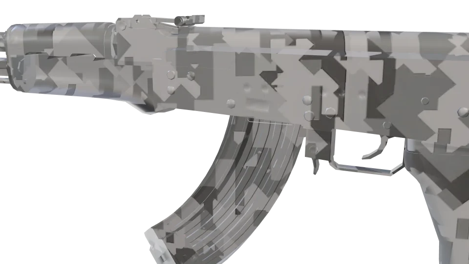 Fractal Snow camo on an AK-47, close-up of the receiver and magazine