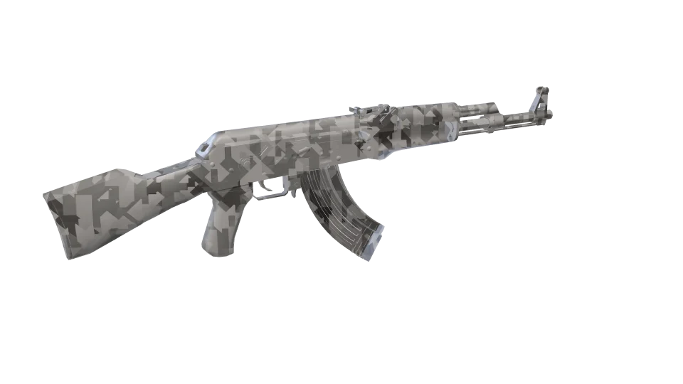 Fractal Snow camo on an AK-47, rear three-quarter view