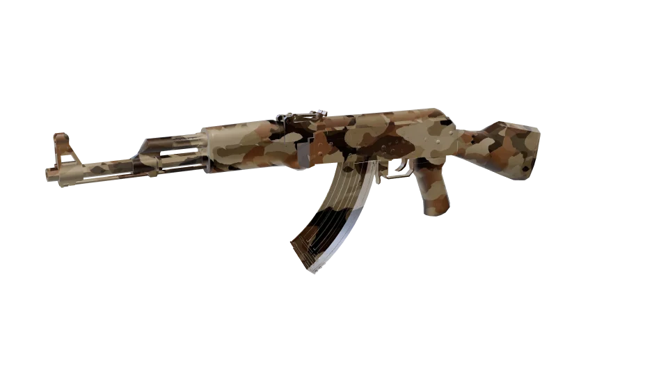 Frontier camo on an AK-47, front three-quarter view