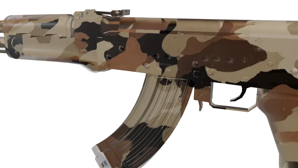 Frontier camo on an AK-47, close-up of the receiver and magazine