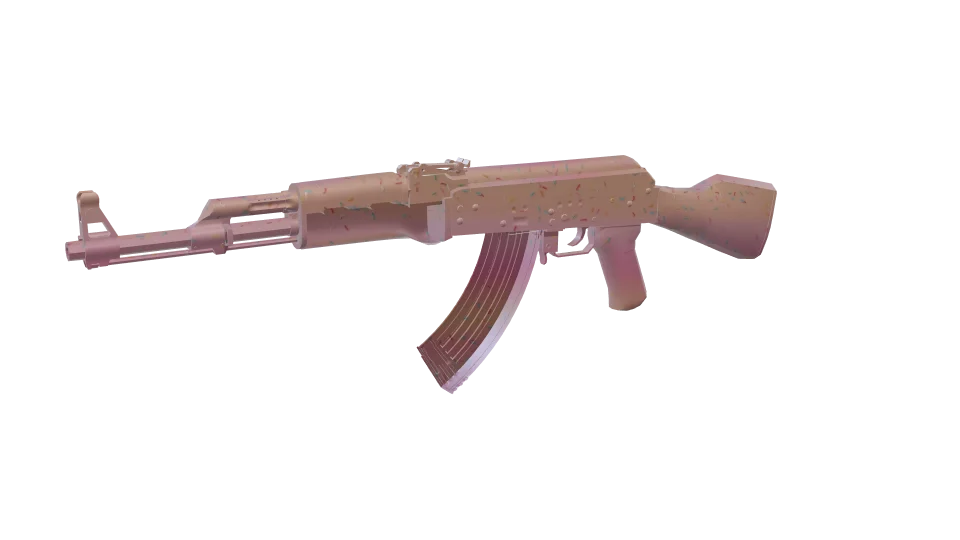 Frosted camo on an AK-47, front three-quarter view