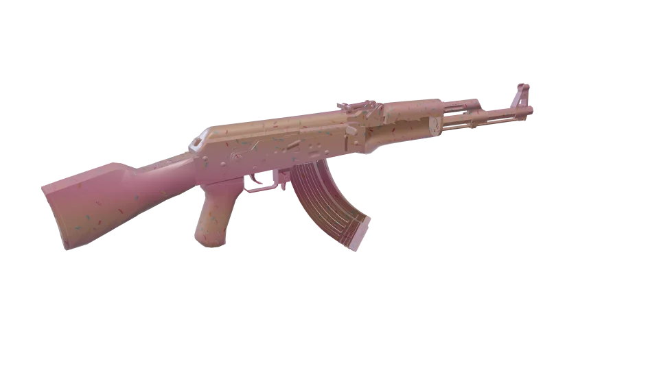 Frosted camo on an AK-47, rear three-quarter view