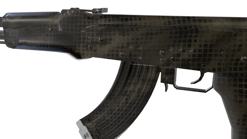Fungal Grid camo on an AK-47, close-up of the receiver and magazine