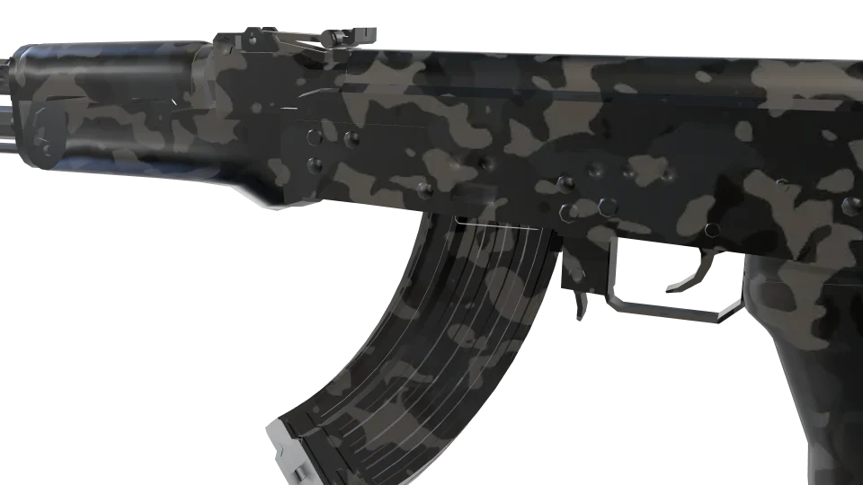 Ghast camo on an AK-47, close-up of the receiver and magazine