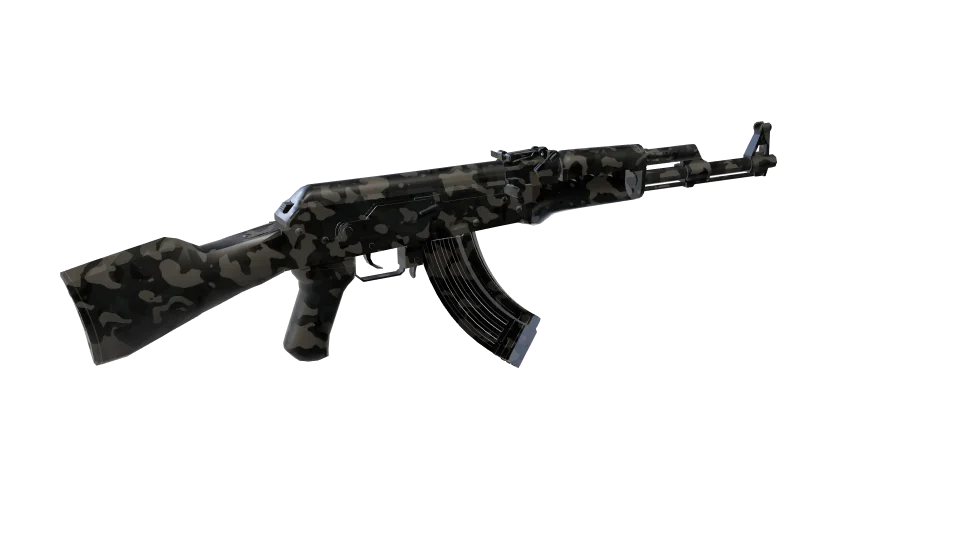 Ghast camo on an AK-47, rear three-quarter view