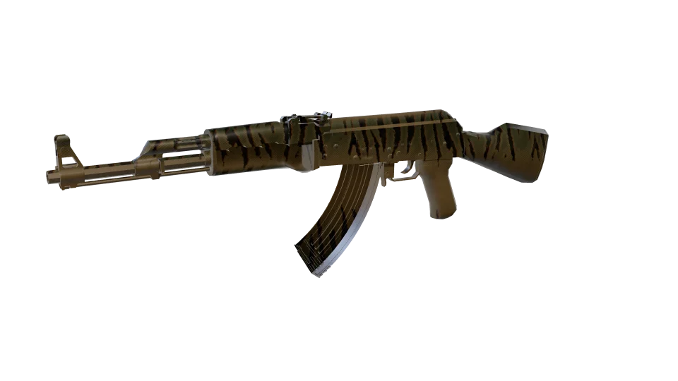 Grazer camo on an AK-47, front three-quarter view