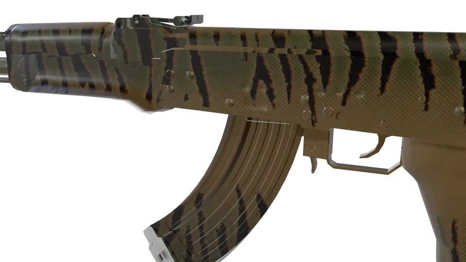 Grazer camo on an AK-47, close-up of the receiver and magazine