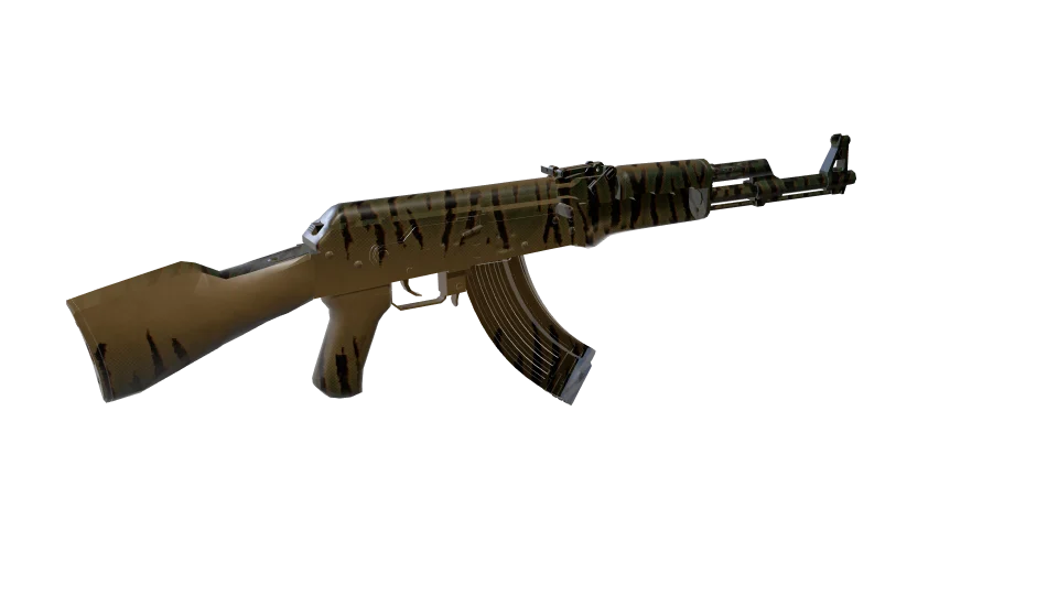 Grazer camo on an AK-47, rear three-quarter view