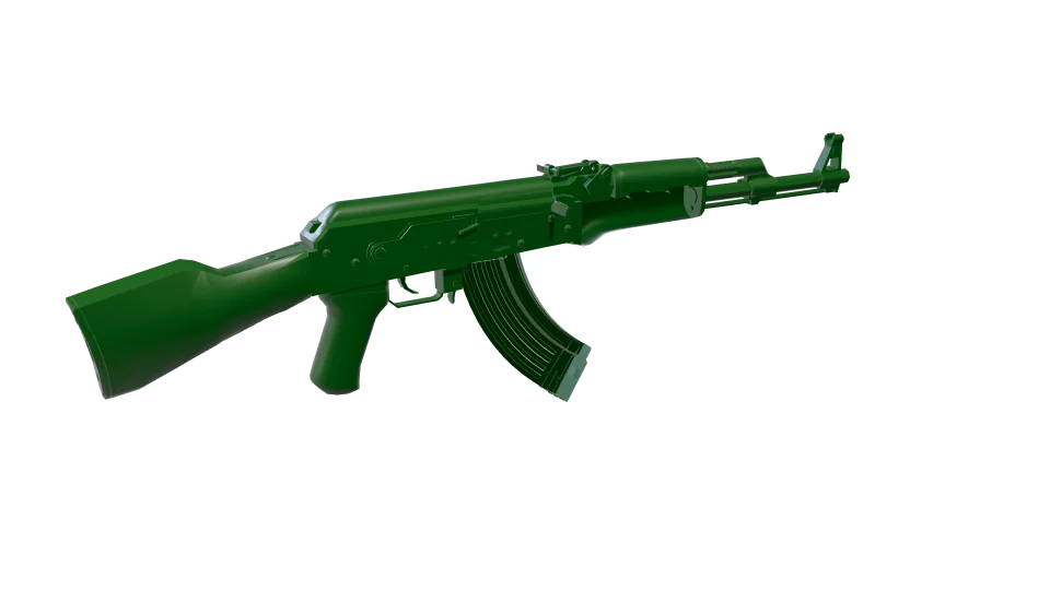 Green camo on an AK-47, rear three-quarter view