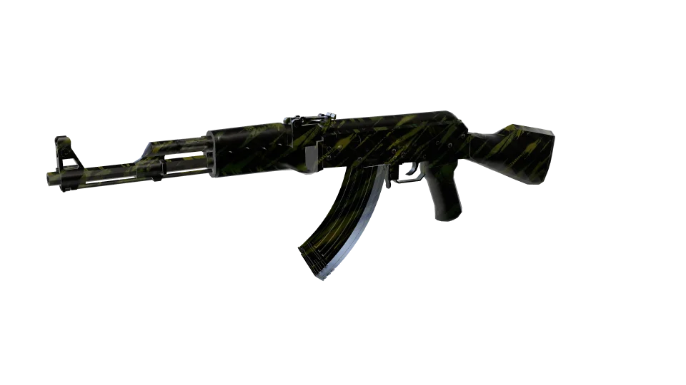 Green Tiger camo on an AK-47, front three-quarter view