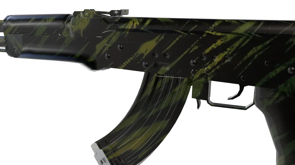 Green Tiger camo on an AK-47, close-up of the receiver and magazine