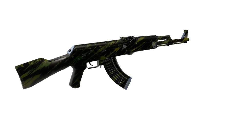 Green Tiger camo on an AK-47, rear three-quarter view