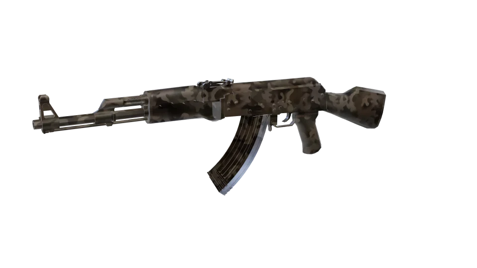 Groundcover camo on an AK-47, front three-quarter view