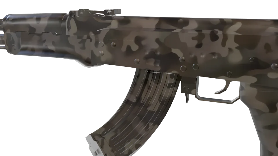 Groundcover camo on an AK-47, close-up of the receiver and magazine