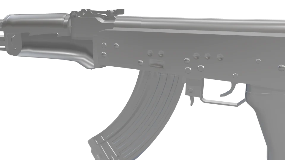 Gunmetal camo on an AK-47, close-up of the receiver and magazine
