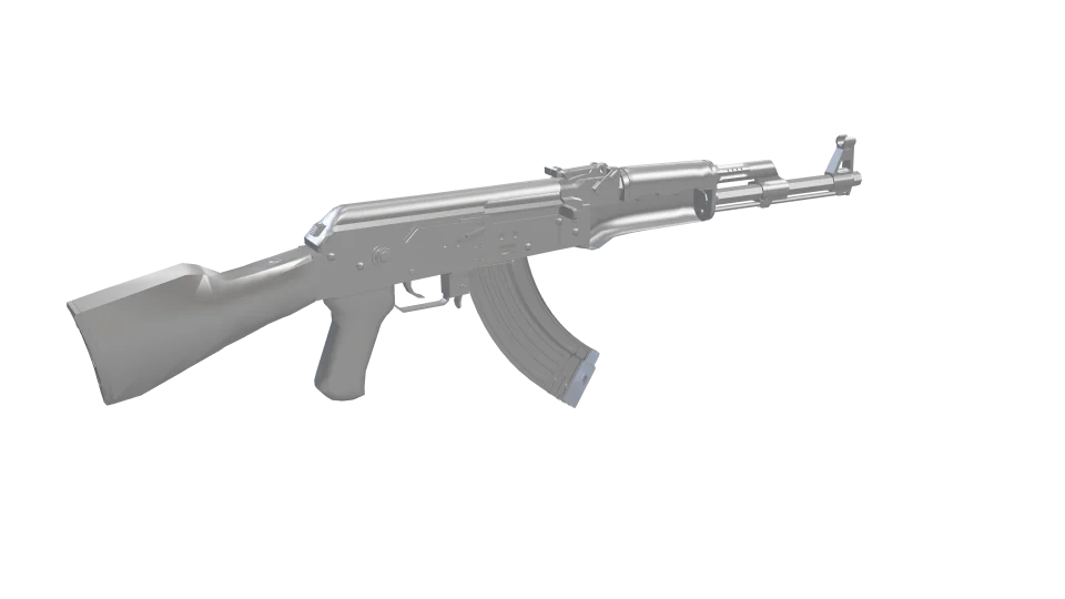 Gunmetal camo on an AK-47, rear three-quarter view