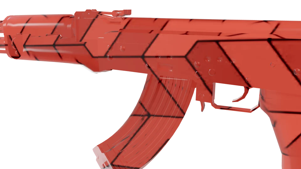 Harmonic Break camo on an AK-47, close-up of the receiver and magazine