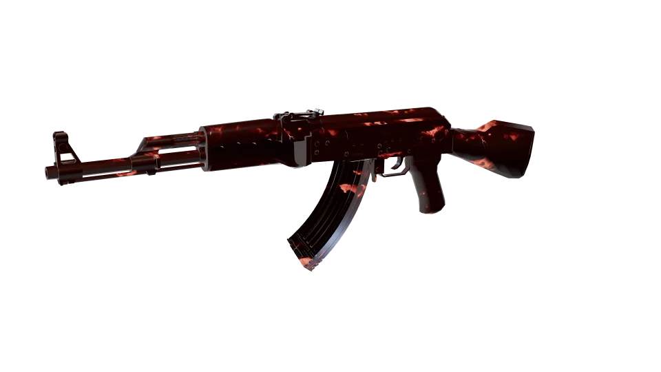 Helio camo on an AK-47, front three-quarter view