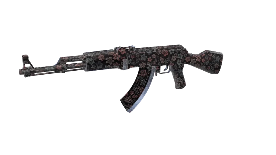 Hibiscus camo on an AK-47, front three-quarter view