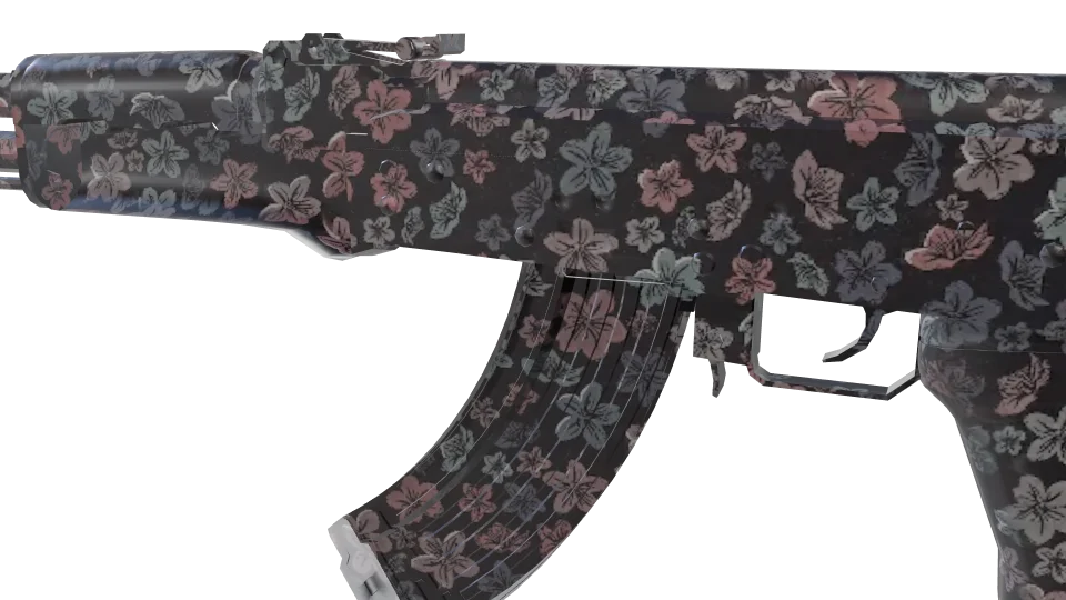 Hibiscus camo on an AK-47, close-up of the receiver and magazine