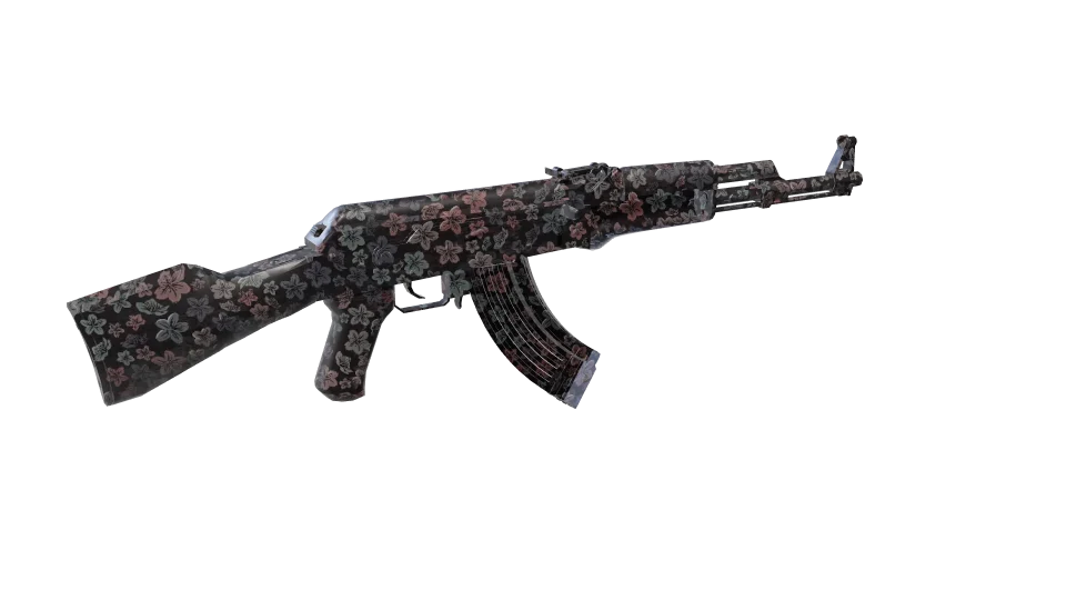 Hibiscus camo on an AK-47, rear three-quarter view
