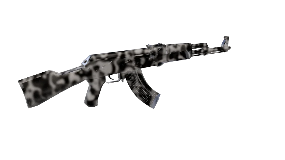 Hidden 02 camo on an AK-47, rear three-quarter view