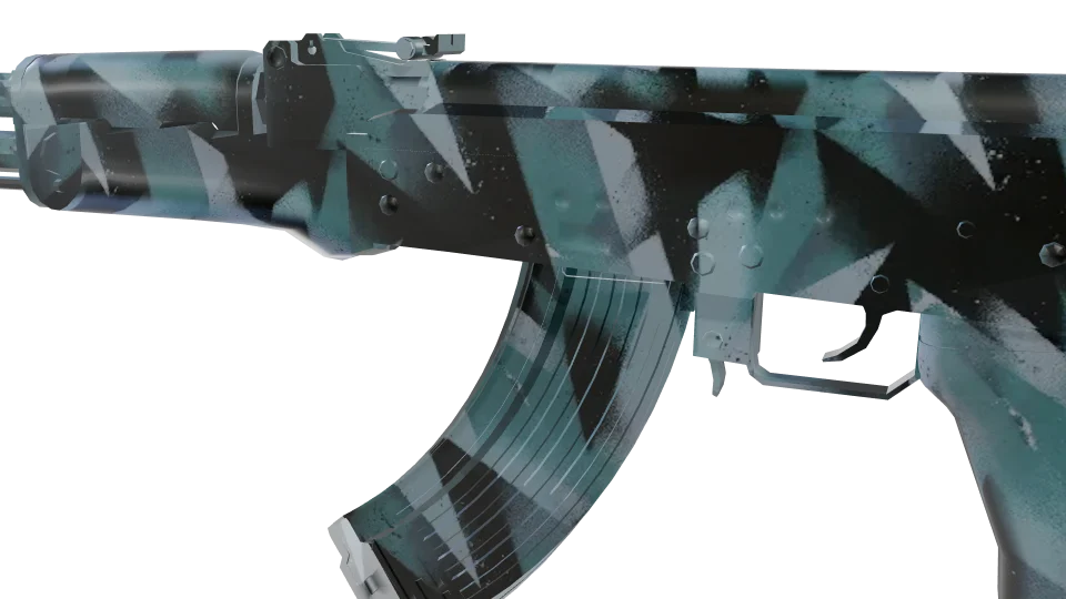 Ice Sheer camo on an AK-47, close-up of the receiver and magazine