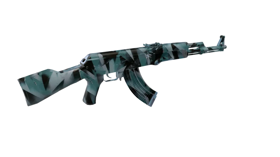 Ice Sheer camo on an AK-47, rear three-quarter view