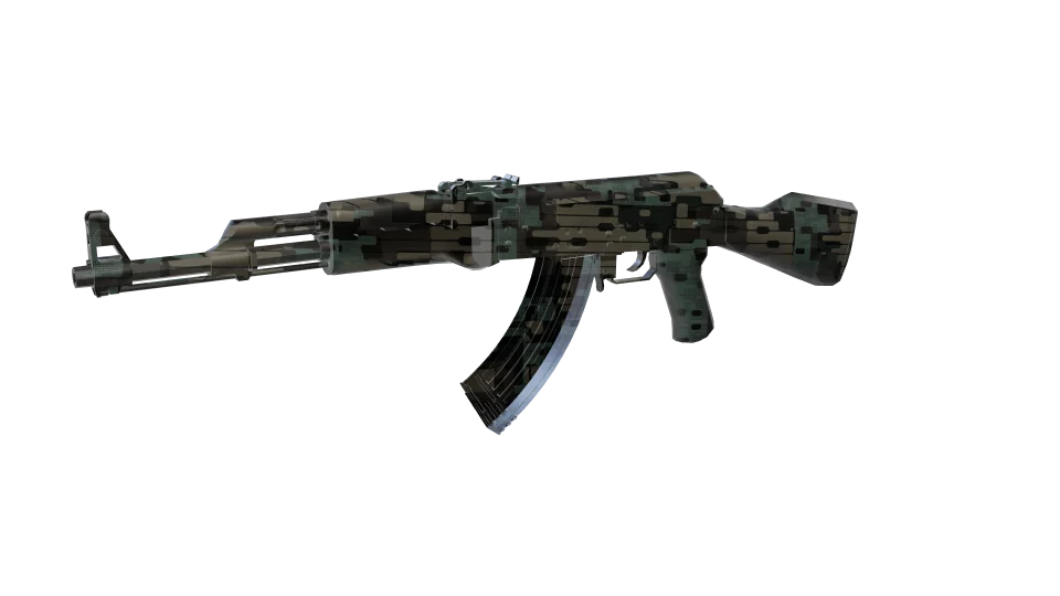 Indexed camo on an AK-47, front three-quarter view