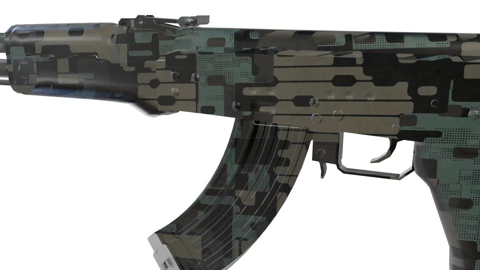 Indexed camo on an AK-47, close-up of the receiver and magazine