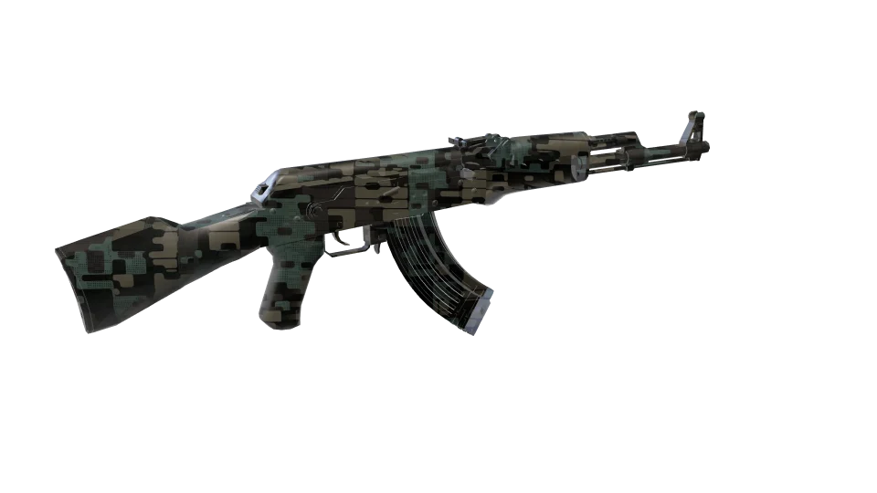 Indexed camo on an AK-47, rear three-quarter view