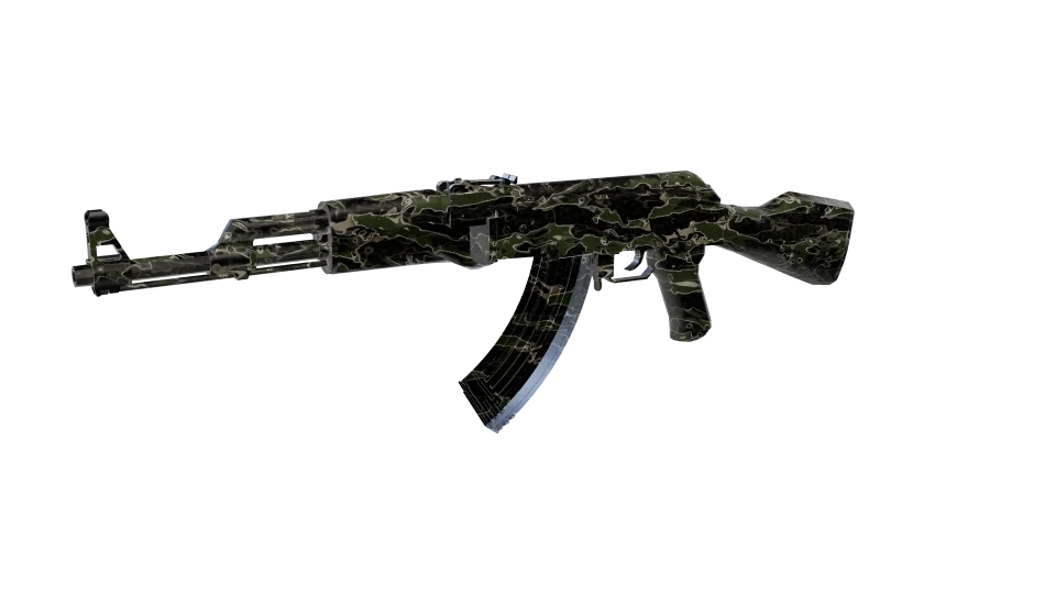 Jungle Shadow camo on an AK-47, front three-quarter view