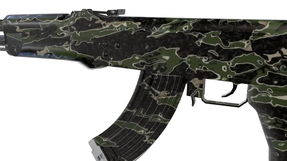 Jungle Shadow camo on an AK-47, close-up of the receiver and magazine