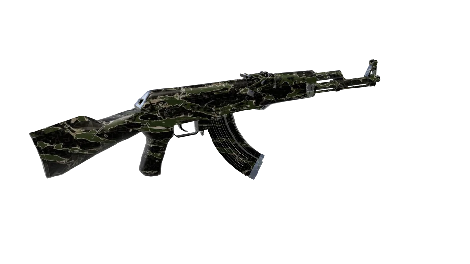 Jungle Shadow camo on an AK-47, rear three-quarter view
