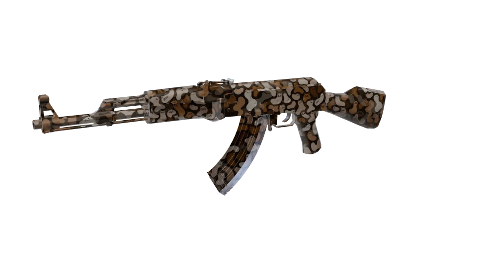 Kitty Kaos camo on an AK-47, front three-quarter view