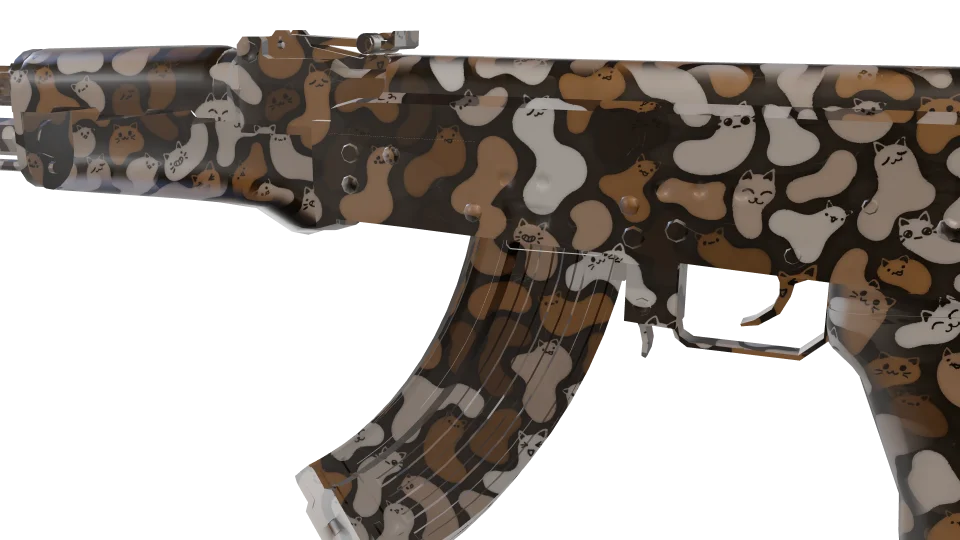 Kitty Kaos camo on an AK-47, close-up of the receiver and magazine