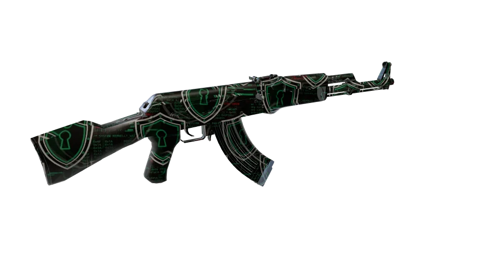 Locked Down camo on an AK-47, rear three-quarter view