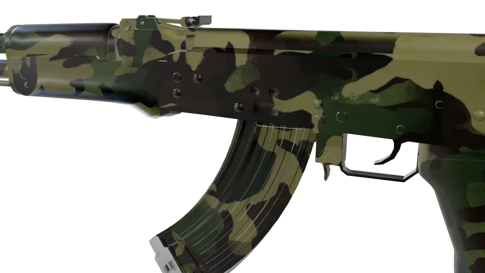 Mangrove camo on an AK-47, close-up of the receiver and magazine