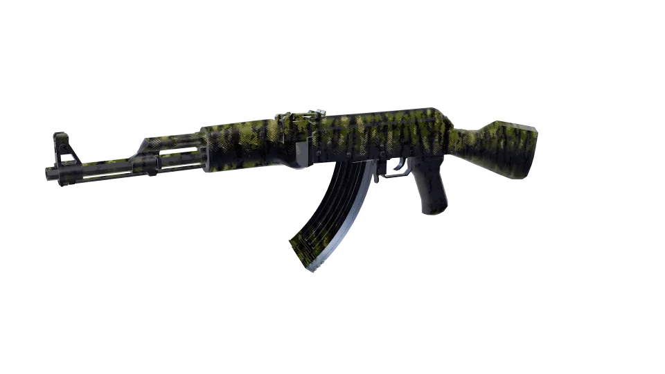 Mosswood camo on an AK-47, front three-quarter view