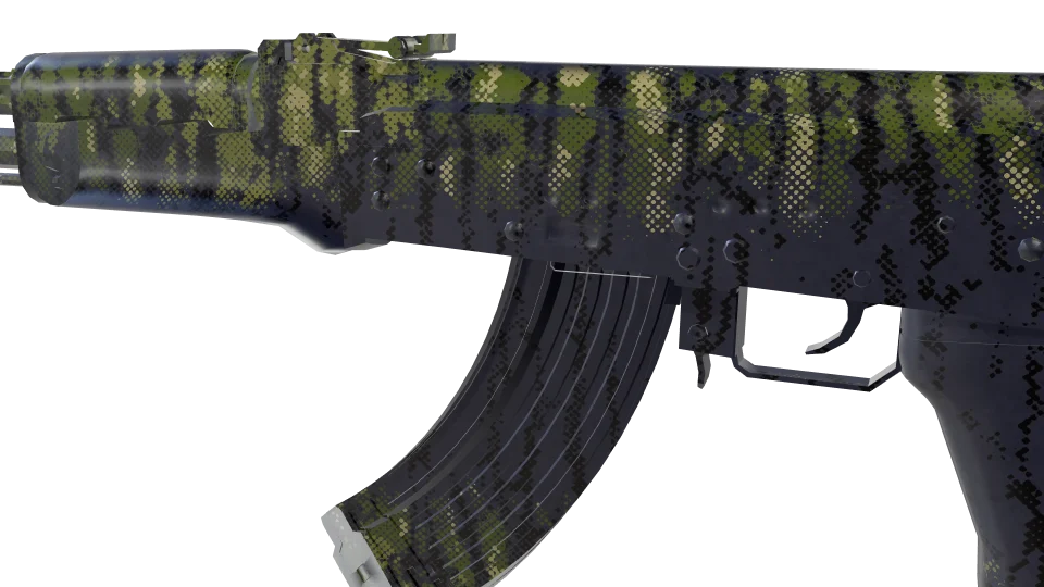 Mosswood camo on an AK-47, close-up of the receiver and magazine