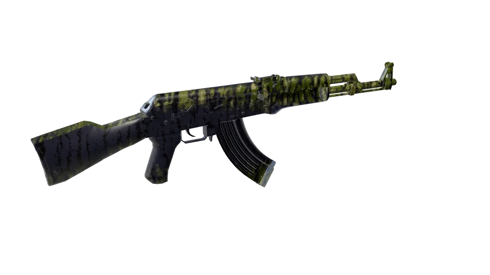 Mosswood camo on an AK-47, rear three-quarter view