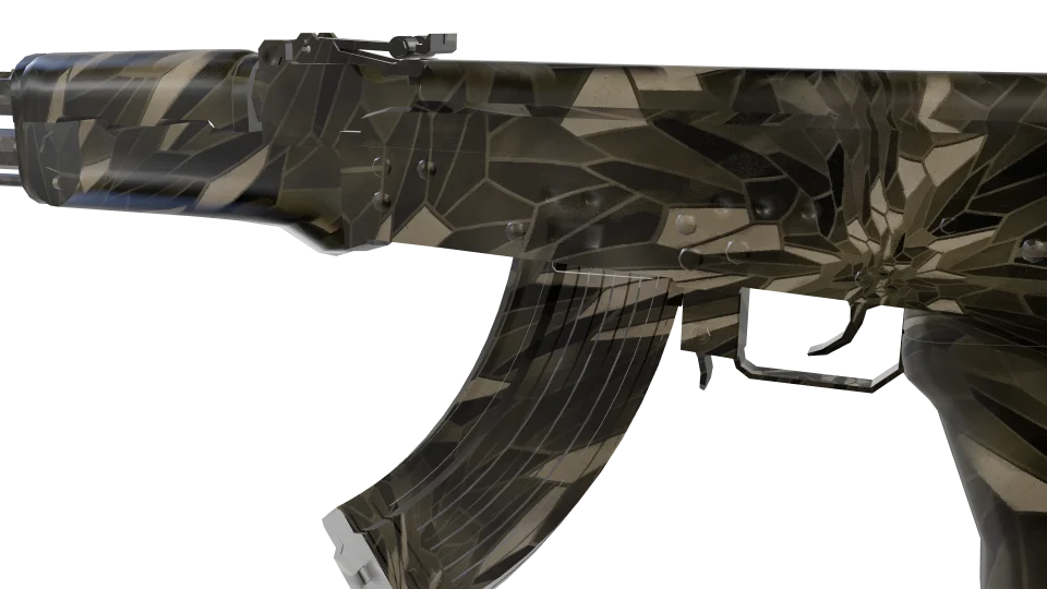 Myriad camo on an AK-47, close-up of the receiver and magazine