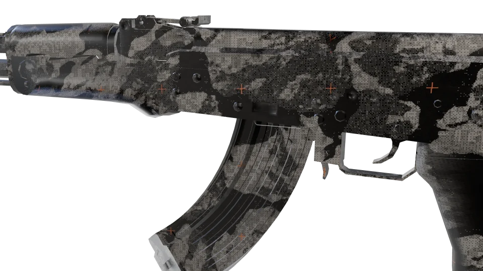 Night Ops camo on an AK-47, close-up of the receiver and magazine
