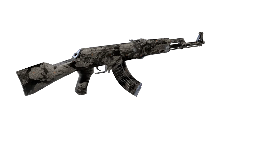 Night Ops camo on an AK-47, rear three-quarter view