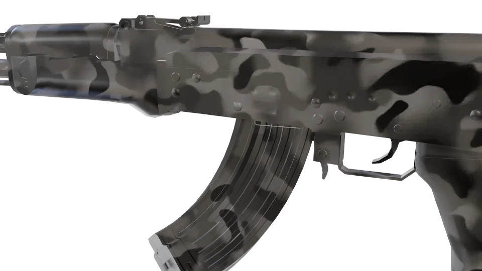 Night Snow camo on an AK-47, close-up of the receiver and magazine